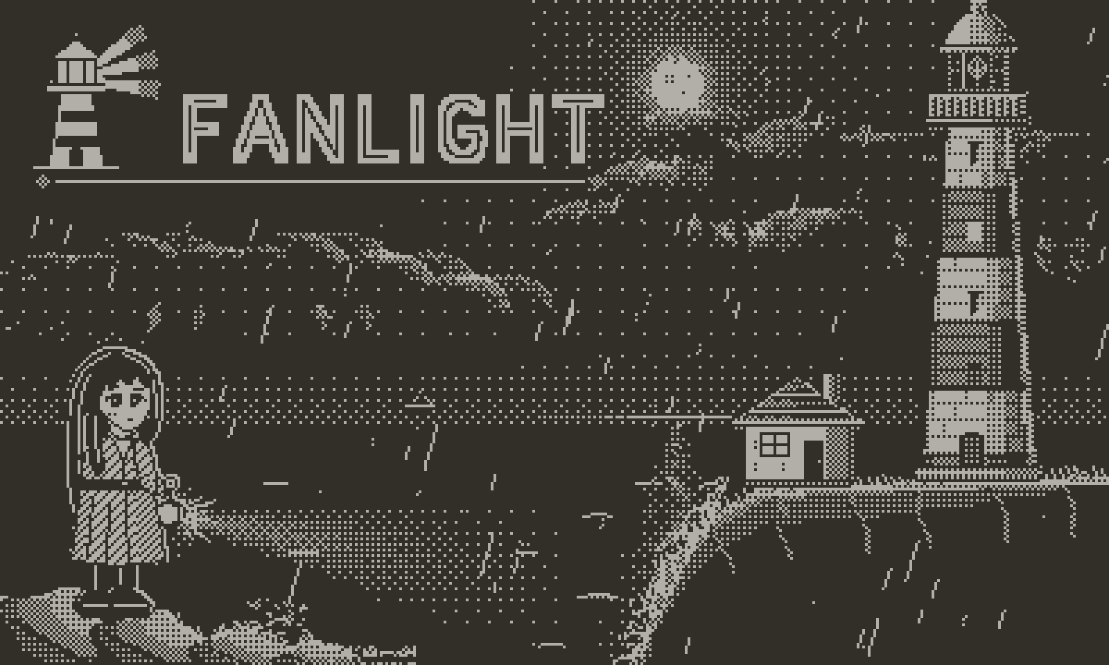 Fanlight title screen: a striped lighthouse on a cliff in a moonlit storm, Lucie holding a lantern, and the FANLIGHT logo with a fan of three beams.